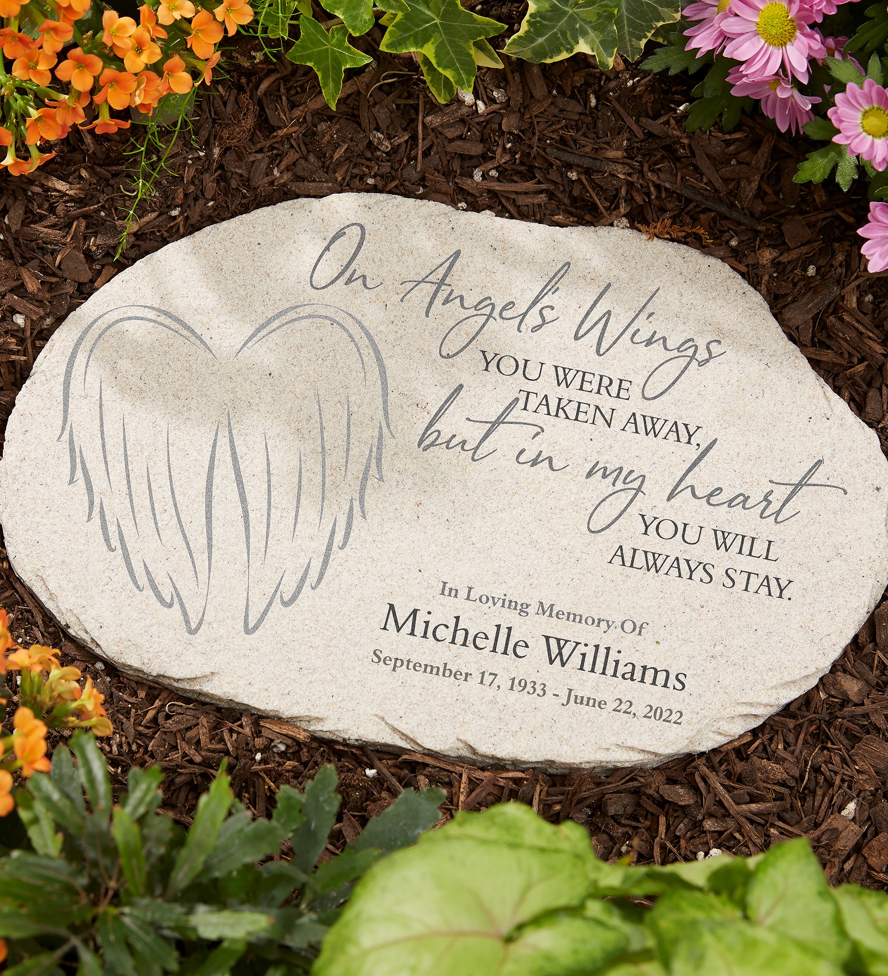 On Angels Wings Personalized Memorial Garden Stone